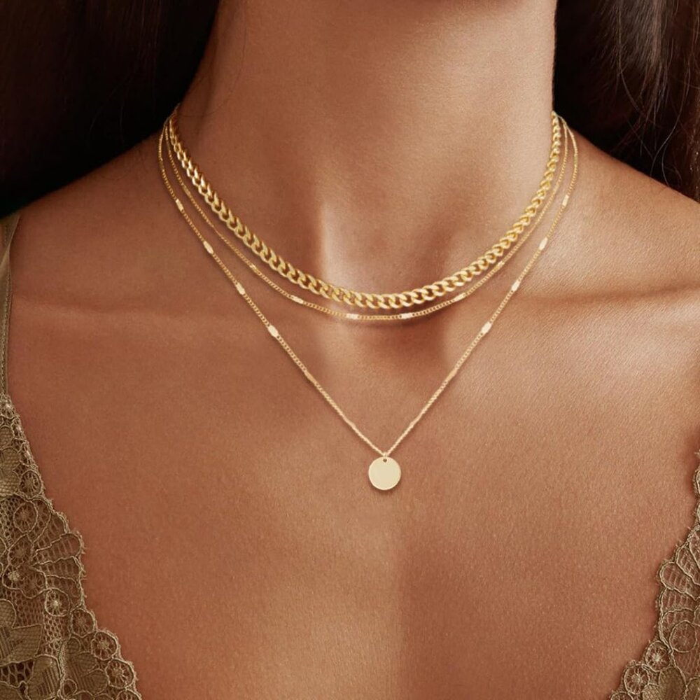 14K Gold Plated Layering Necklaces For Women Gold Necklace Set, Cuban Link, Snak - Picture 2 of 9